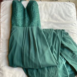Azazie Teal Lace Bodice Chiffon Maxi Dress